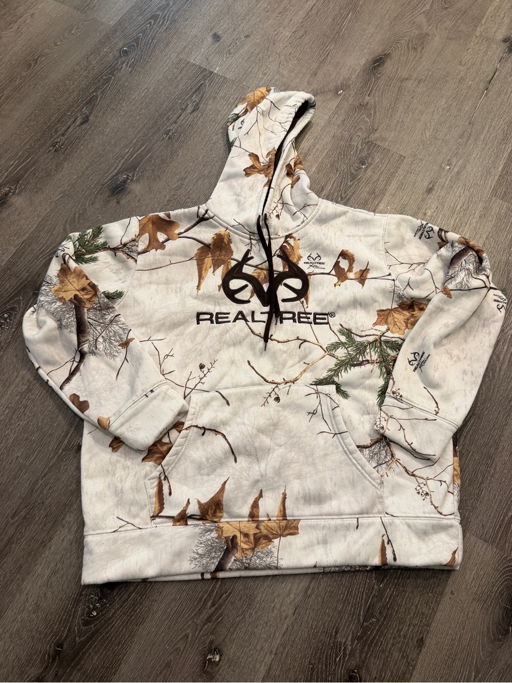 Realtree Boy’s Crewneck Hoodie - White Camo with Brown & Green Accents
